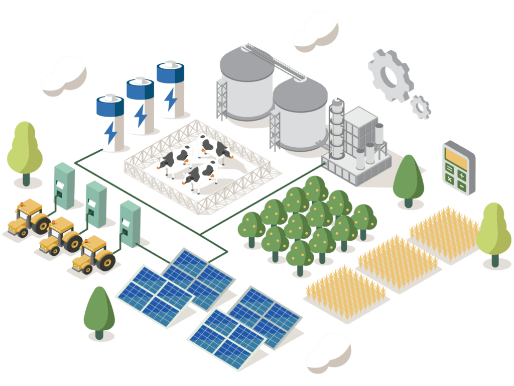 Digital illustration of a solar powered agricultural produciton plant