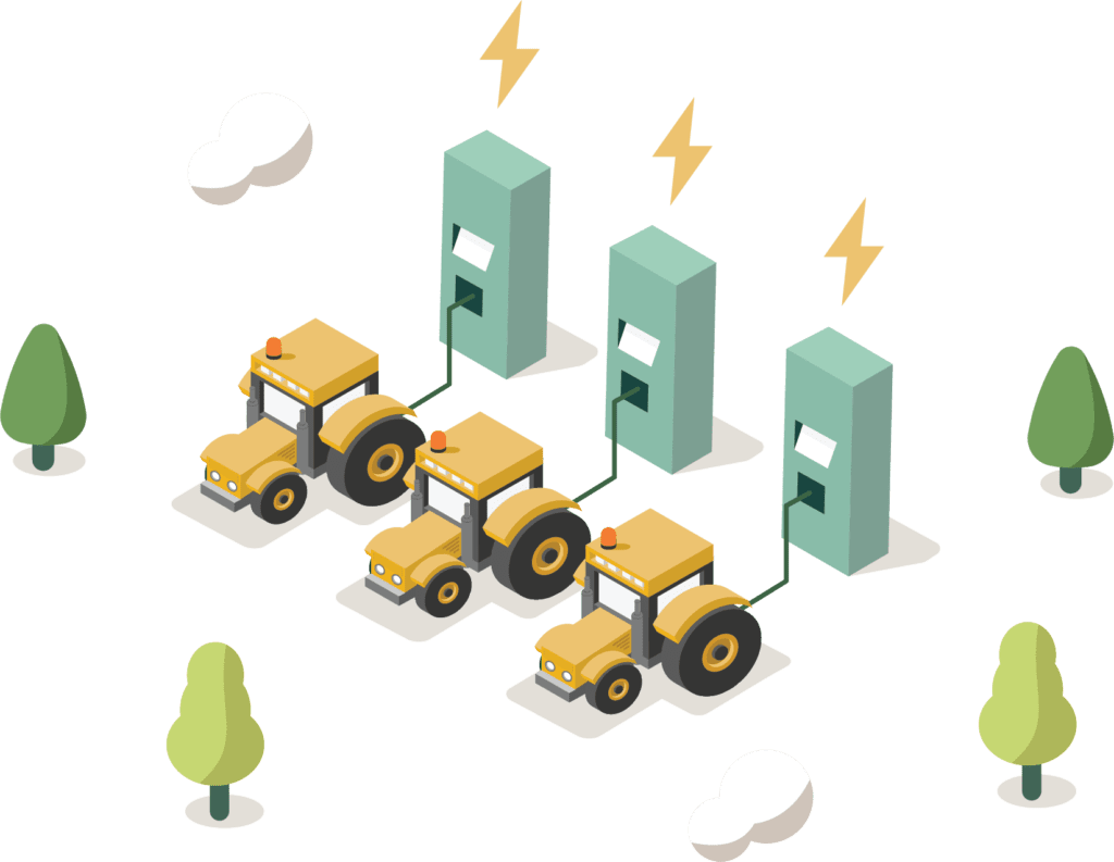 Digital illustration of tractors using electric charging